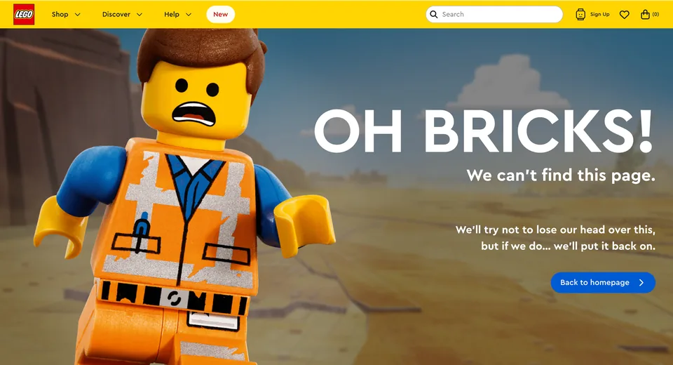 LEGO missing-page design: A worried minifigure and the brick-themed exclamation turn the missing page into a brand-specific joke.