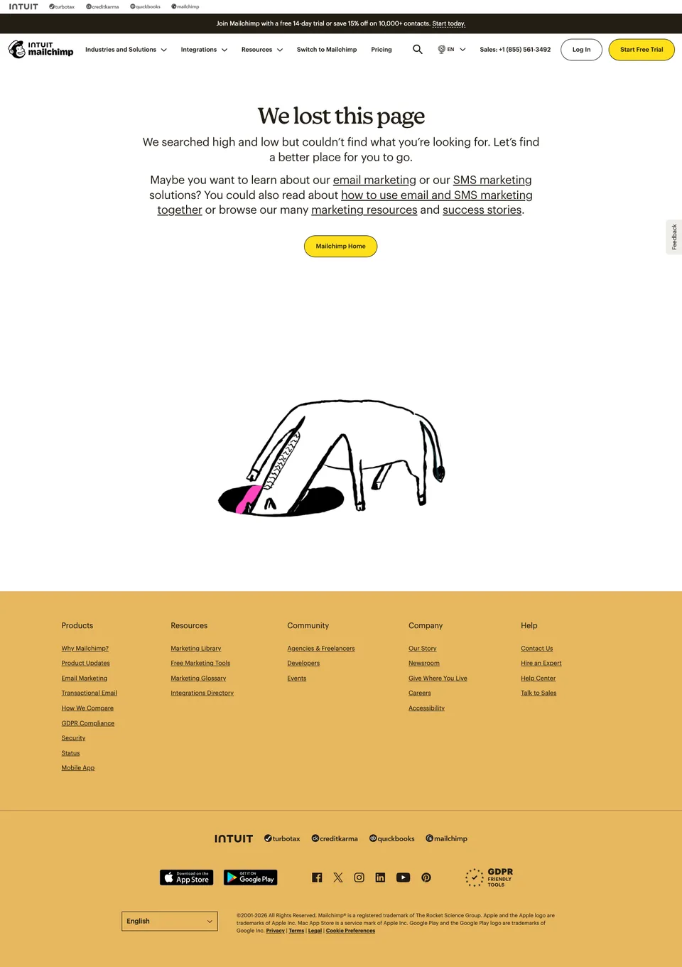 Mailchimp missing-page design: Specific marketing-resource links precede a hand-drawn animal searching headfirst inside a hole.
