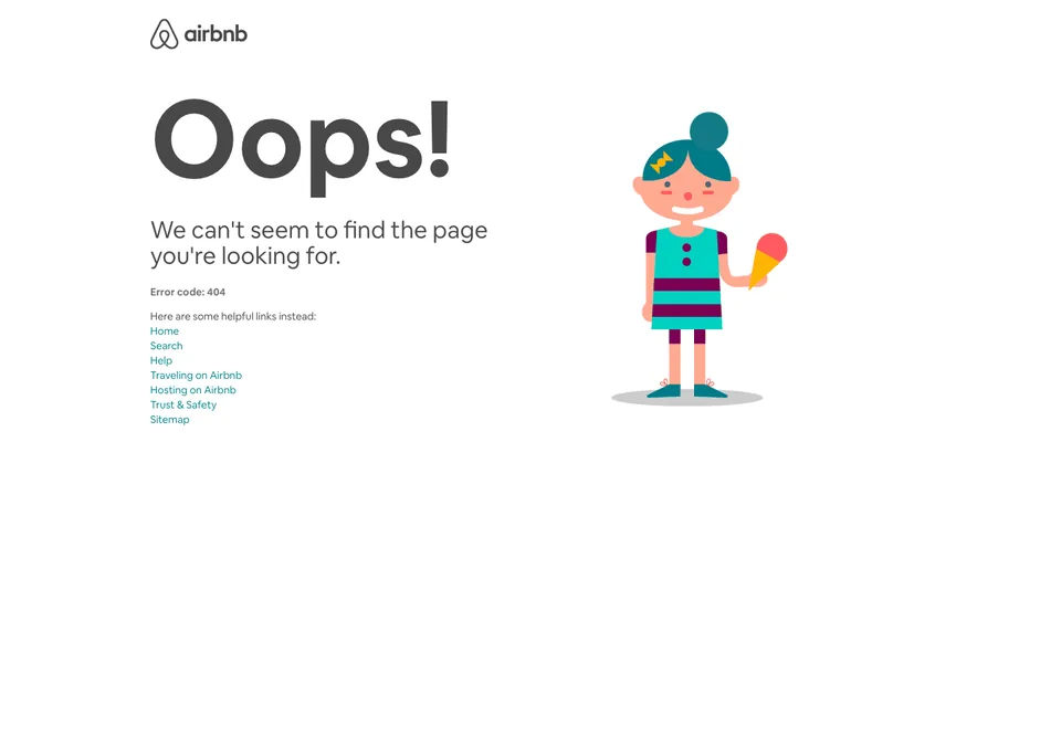 Airbnb missing-page design: An oversized Oops sits beside a colorful character holding an ice-cream cone.
