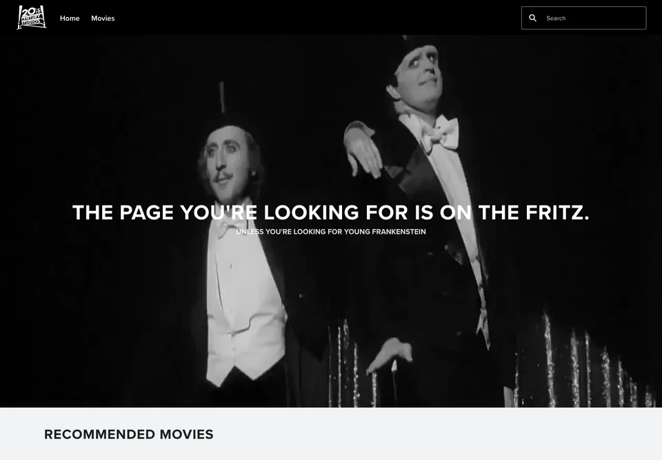 20th Century Studios missing-page design: Black-and-white Young Frankenstein imagery fills the hero behind a joke about the page being on the fritz.