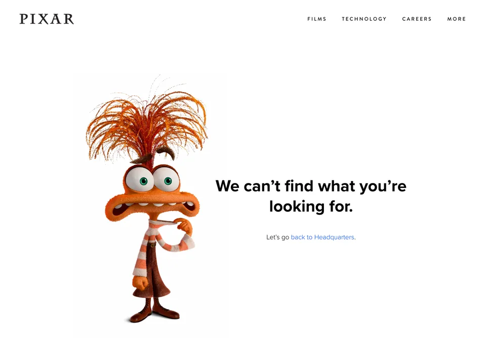 Pixar missing-page design: An anxious orange character accompanies a direct missing-page statement.