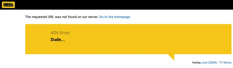 IMDb missing-page design: A yellow speech-bubble card presents a short character quotation, with a credit linking to Lost.