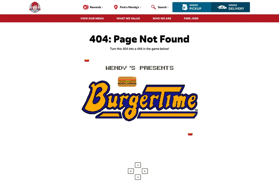 Wendy's missing-page design: A 404-to-444 pun introduces a BurgerTime game-themed area with pixel-art burgers and fries.