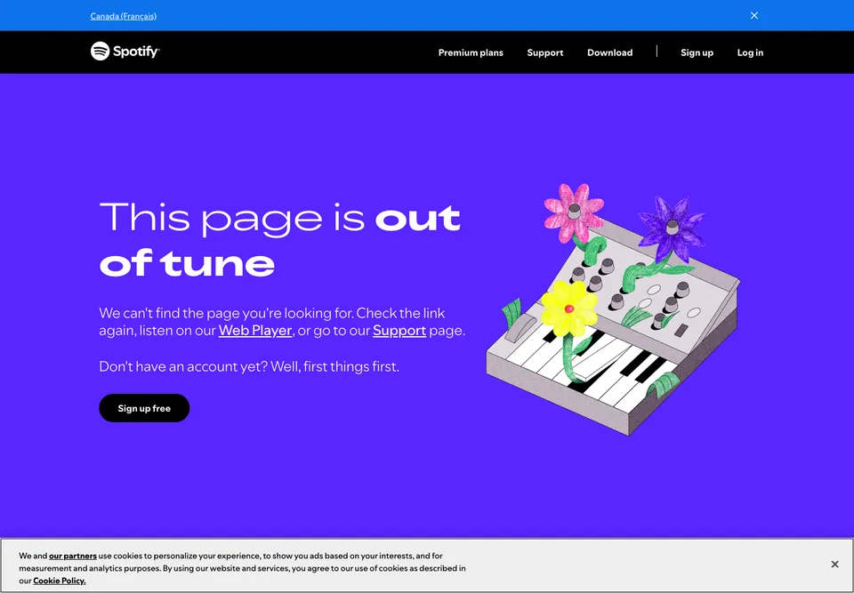 Spotify missing-page design: A music metaphor pairs with a synthesizer sprouting colorful flowers on purple.