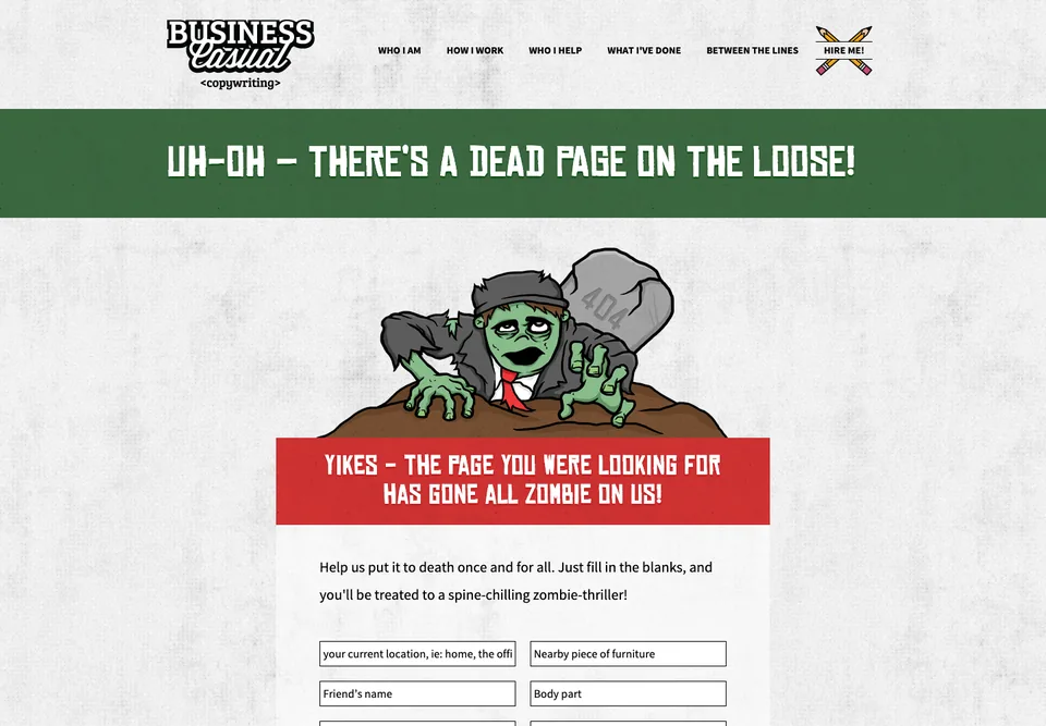 Business Casual Copywriting missing-page design: A cartoon zombie climbs from a grave marked 404.
