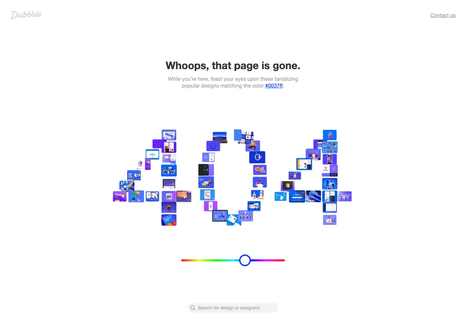 Dribbble missing-page design: Blue-toned design thumbnails form the digits 404, turning the error into a miniature portfolio.