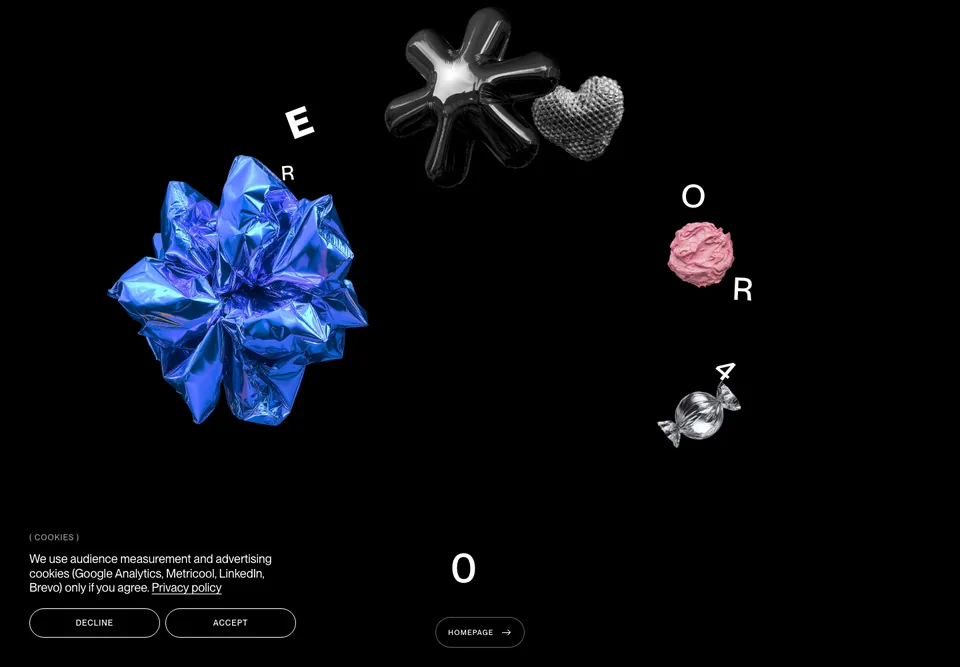 Nothin missing-page design: Scattered error lettering mixes with metallic objects and a blue crumpled form on black.