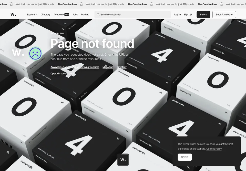 Awwwards missing-page design: Boxes printed with 4s and 0s fill the background beside a bright sad-face badge.