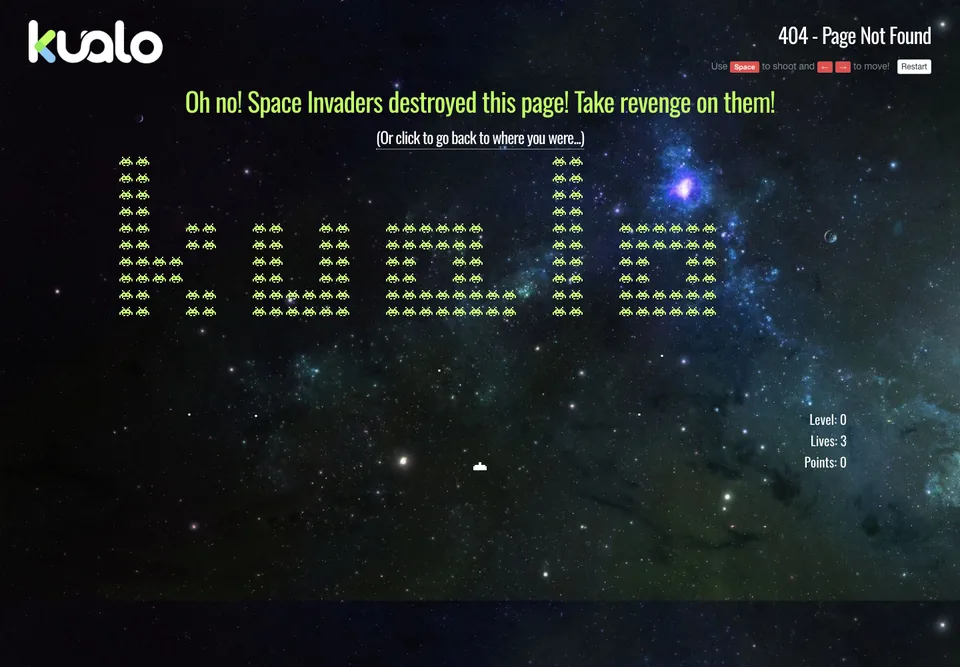 Kualo missing-page design: Lime alien sprites spell the brand over a Space Invaders-themed starfield.
