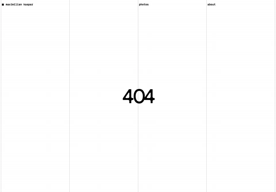 Maximilian Kaspar missing-page design: An isolated black 404 sits in a nearly empty white page.