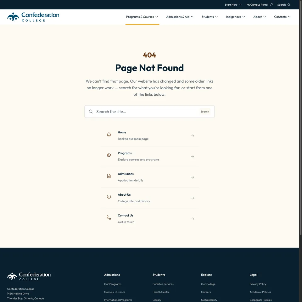 Confederation College missing-page design: The explanation connects older broken links to a website change without blaming the visitor.