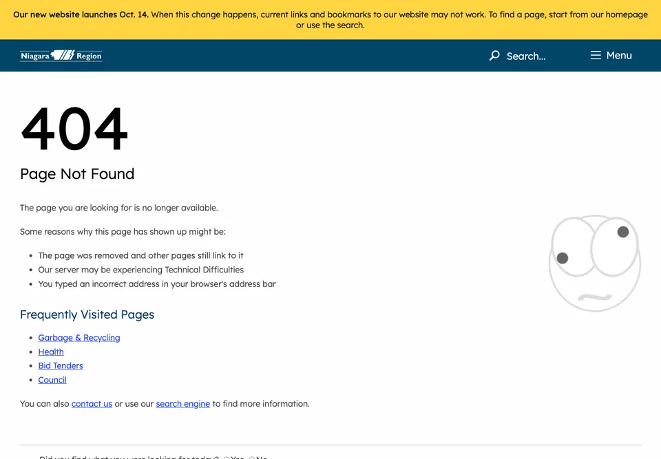 Niagara Region missing-page design: A straightforward explanation sits beside a faint confused-face illustration.