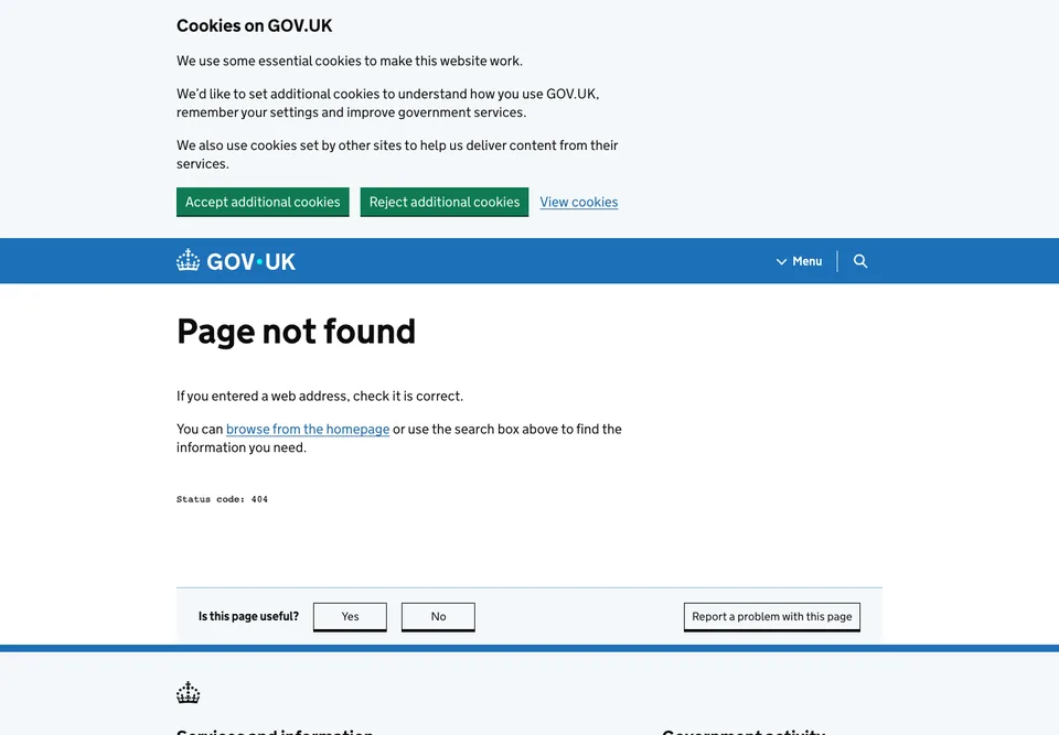 GOV.UK missing-page design: A direct Page not found heading and two short recovery paragraphs do the work without artwork.