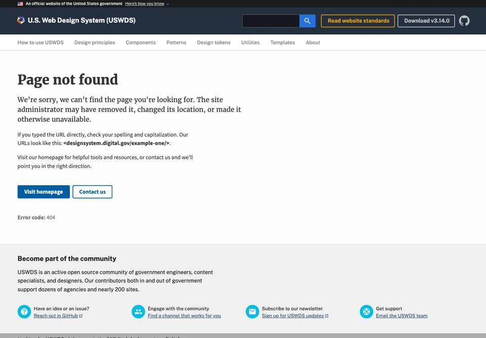 U.S. Web Design System missing-page design: The explanation distinguishes moved pages from typing mistakes and shows a sample URL.