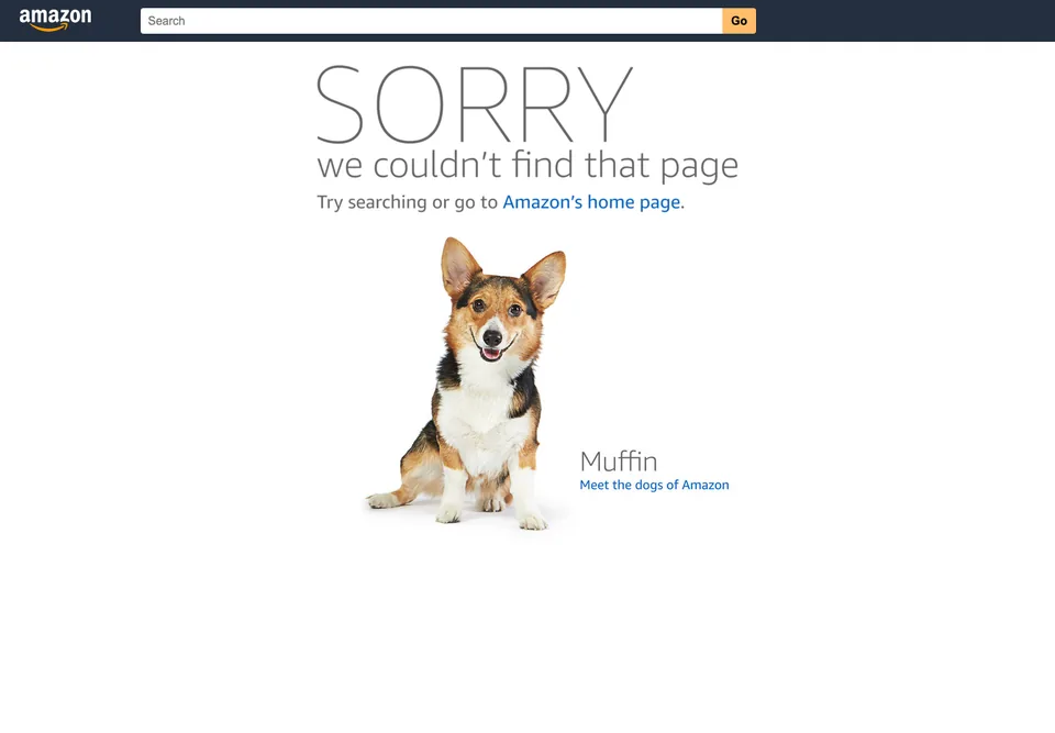 Amazon missing-page design: A large apology appears above a named office dog's photograph.