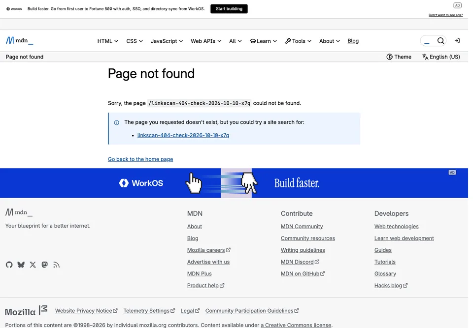MDN Web Docs missing-page design: The page repeats the failed path and turns its slug into a suggested site-search link in a pale-blue panel.