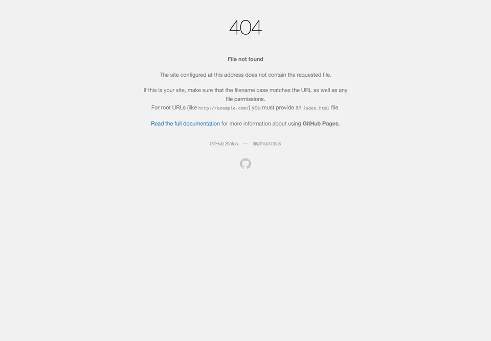 GitHub Pages default missing-page design: A centered 404 leads into filename, permissions and index-file troubleshooting.