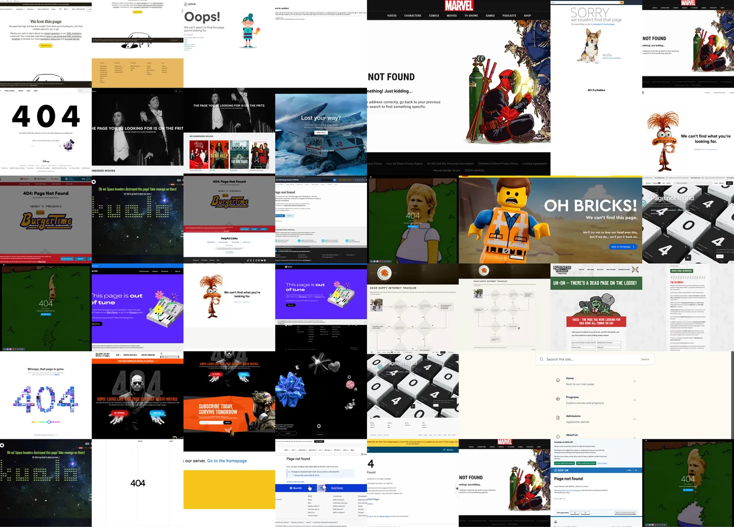 Collage of varied Page Not Found designs, combining playful illustrations, bold error messages and practical recovery pages.