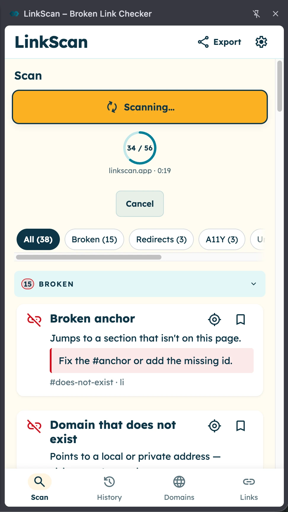 LinkScan 2.1.0 scanning linkscan.app, showing scan progress, result filters and guidance for fixing a broken anchor.