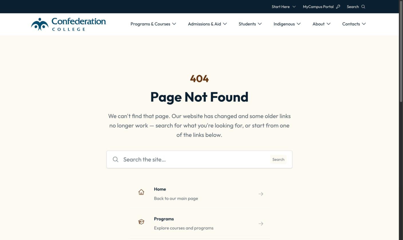Confederation College's 404 page, showing the Page Not Found heading, a message about the website change, a search control and the first described quick links.